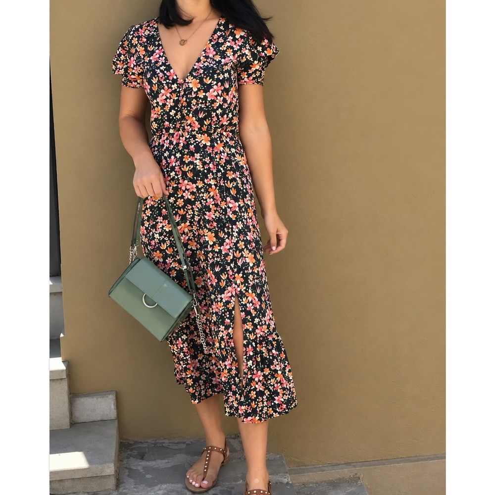 Zara Floral Midi Dress V-Neck Button Front Puff Sleeve Cottagecore Girly Sz L